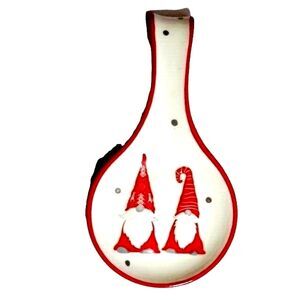 Gnome Yule Tidings Spoon Rest Winter Holiday Kitchen 9.4-in Red White Ceramic